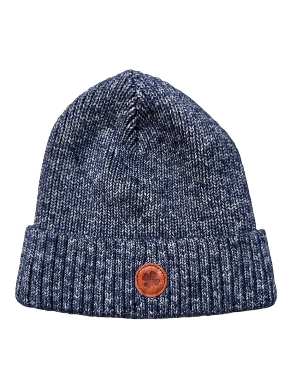 Lucky Brand Marled Blue Rib Knit Beanie Hat Leather Clover Patch OS